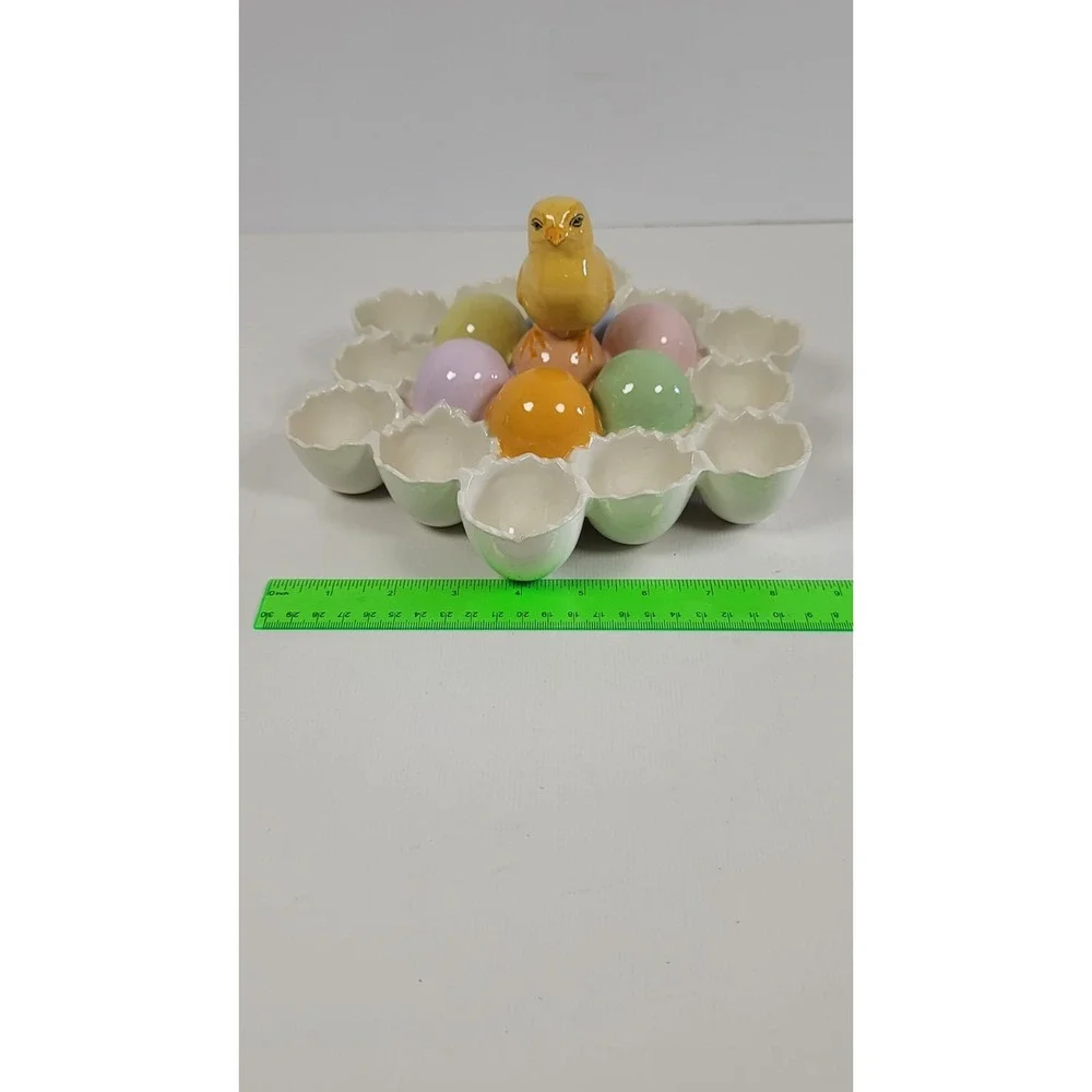 Vintage Easter Egg Ceremic Holder Chick With 12 Cracked‎ Egg Holders Deviled